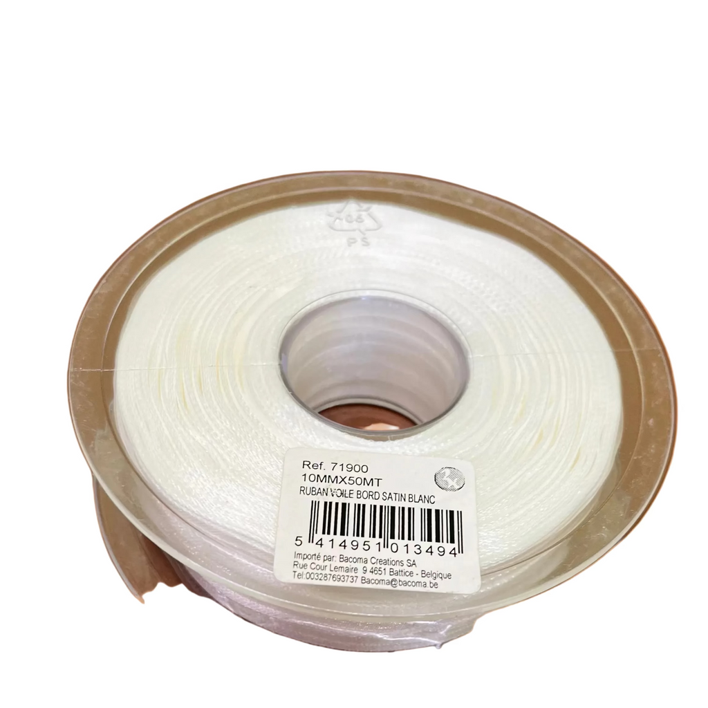 Bobine Ruban BLANC Voile Bord Satin 10mm x 50m