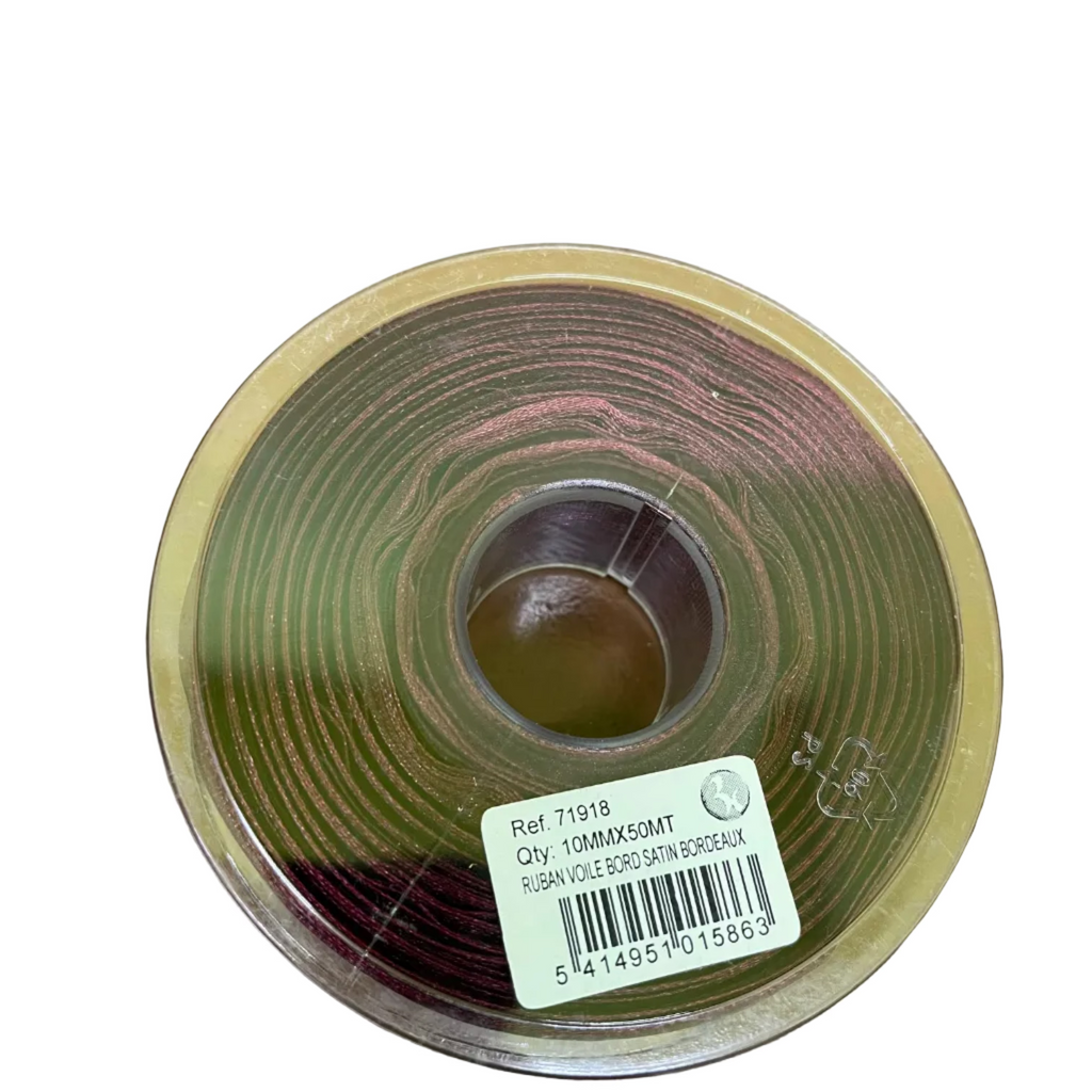 Bobine Ruban BORDEAUX Voile Bord Satin 10mm x 50m