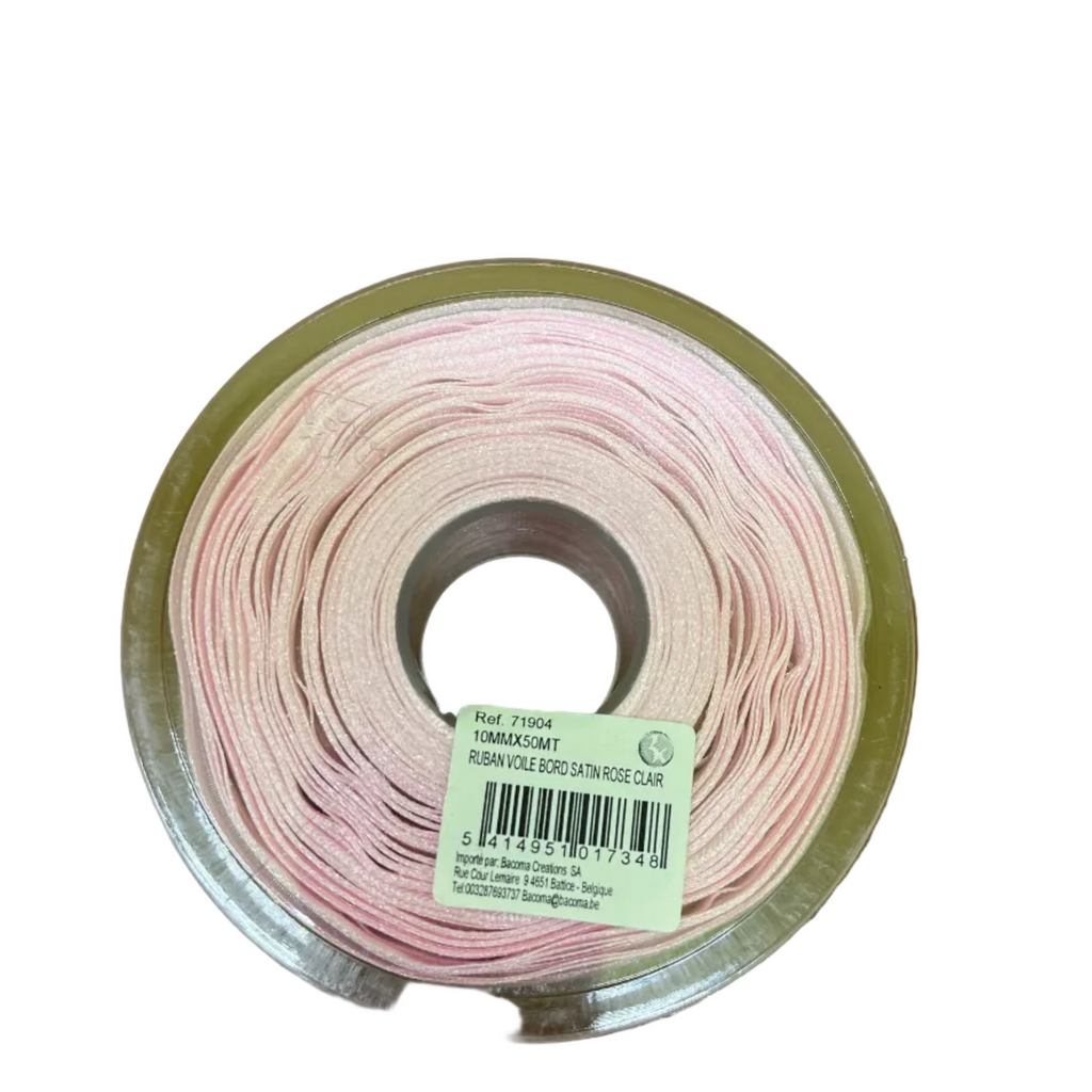 Bobine Ruban ROSE PÂLE Voile Bord Satin 10mm x 50m