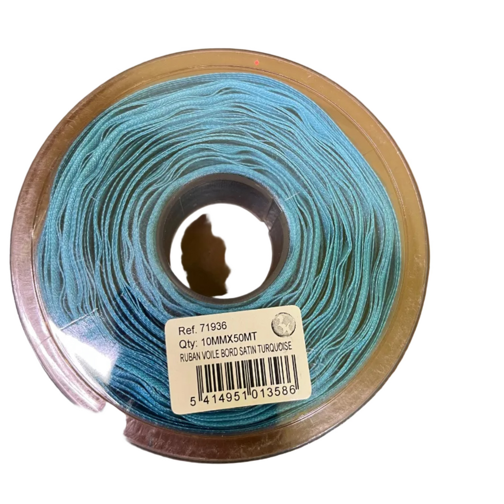 Bobine Ruban TURQUOISE Voile Bord Satin 10mm x 50m