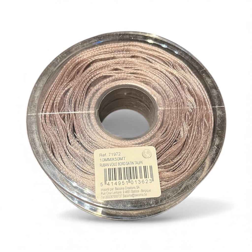 Bobine Ruban TAUPE Voile Bord Satin 10mm X 50 M